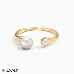 Elegant and unconventional, this design is a modern take on the pearl ring. Perfect for everyday wear, this ring is designed for flexibility in fit and features a sparkling 2.5mm bezel-set birthstone and a 5mm pearl set in a polished open-cuff ring. Design in white, yellow, or rose gold. Made just for you. Modern Pearl Open Ring For Anniversary, Modern Open Pearl Ring For Anniversary, Minimalist Open Pearl Ring With Diamonds, Modern Open Pearl Ring For Promise, Modern Pearl Rings For Anniversary, Modern Adjustable Pearl Ring For Anniversary, Pearl Birthstone Open Ring, Modern Diamond Pearl Ring For Anniversary, Open Cuff Ring