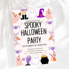 a spooky halloween party with ghostes, witches and pumpkins on it