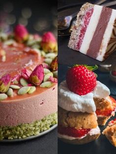 three different cakes and desserts with strawberries on top