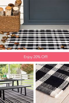 black and white checkered rugs on porch with text overlay saying enjoy 20 % off