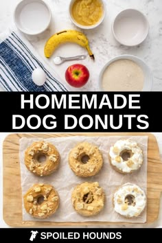 homemade dog doughnuts on a cutting board with apples and bananas