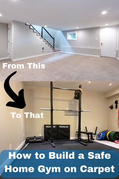 the before and after pictures of a home gym area with an overhead rack for exercise equipment