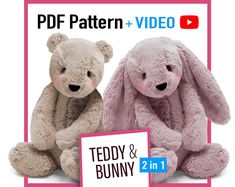 two stuffed animals sitting next to each other on a white background with the text teddy & bunny 2 in 1