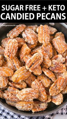 a bowl full of candied pecans with text overlay