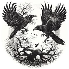 two black birds sitting on top of a tree filled with dead branches and crows flying around