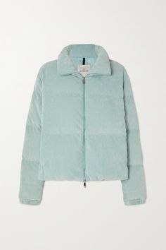 A cool twist on a Moncler classic, this version of the 'Antre' jacket is made from soft corduroy in a pastel shade inspired by ice cream. Down-filled and boudin-quilted, it has a high neck for added coziness and an adjustable hem. Pastel Jacket, Moncler Women, Winter Coats Jackets, Corduroy Jacket, Green Jacket, Blue Jacket, Casual Jacket, Luxury Outfits, Outerwear Women