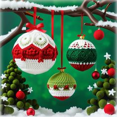 crocheted christmas ornaments hanging from a tree branch with snow on the ground and green background