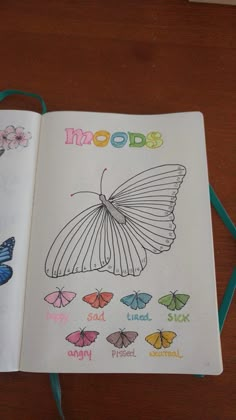 an open book with butterflies on it and the words moos written in different languages