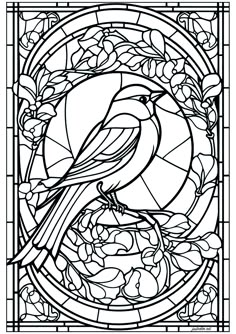 a stained glass window with a bird sitting on it's branch in the center