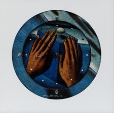 two hands touching each other in front of a clock