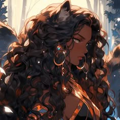 an image of a woman with long hair in the woods wearing earrings and holding a wolf's head