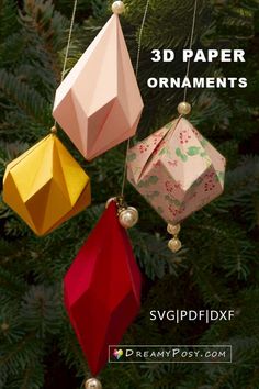 three origami ornaments hanging from a christmas tree with text overlay that says 3d paper ornaments