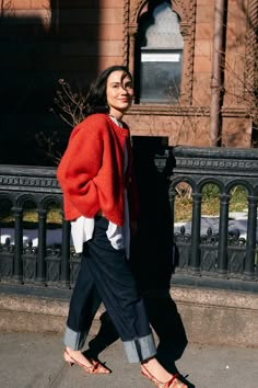 Week of Outfits: Mya Gelber | Cup of Jo Beauty Uniforms, Fall 24, Red Sweater, Autumn Outfit, Winter 2024, Winter Looks, Fall 2024