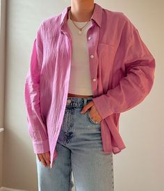 #springoutfit #springfit #springnails Pink Linen Button Down, How To Style Pink Blouse, Pink Satin Button Up Outfit, Button Up Open Shirt Outfit, Pink Linen Blouse Outfit, How To Style Pink Button Up, Button Downs Women, Pink Shirt Jacket Outfit, Light Pink T Shirt Outfit