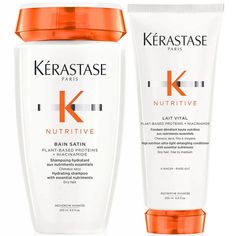 Ideal for fine-to-medium hair types, the Kérastase Nutritive Nourish and Hydrate Shampoo and Conditioner Duo works to infuse dry hair with an influx of nourishment. Each formula is powered by niacinamide and plant-based proteins for a silky-soft feeling.  Set Contents:  Bain Satin Hydrating Shampoo 250ml  Designed for hair suffering from dryness, the shampoo cleanses the hair and scalp without stripping away moisture. The formula rinses away impurities and build-up while niacinamide enriches strands with hydration and plant-based proteins encourage a stronger appearance.  Nutritive Lait Vital High Nutrition Ultra-Light Conditioner 200ml  Lightweight and nourishing, the conditioner works to drench the hair in silky hydration without weighing it down. The conditioning milk is infused with ni Kerastase Shampoo And Conditioner, Kerastase Elixir Ultime, Dream List, Nourishing Shampoo, Hydrating Shampoo, Moisturizing Shampoo, Hair Collection, Shea Moisture Products