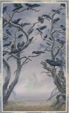 a painting of birds sitting on trees in the fog with a person walking through it