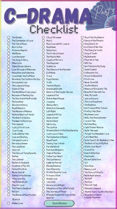 the c - drama checklist is shown in purple and blue with words on it