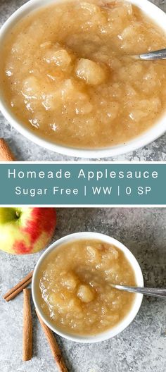 two bowls filled with homemade applesauce next to cinnamon sticks and an apple on the side