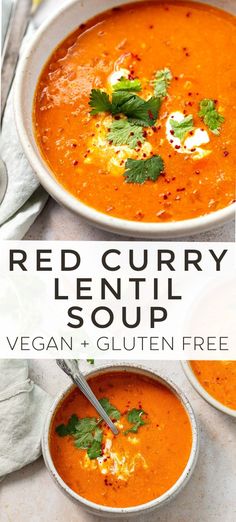 two bowls of red curry lentil soup