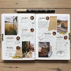 an open notebook with pictures and writing on it