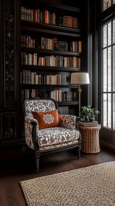 a living room filled with furniture and bookshelves next to a window covered in lots of books