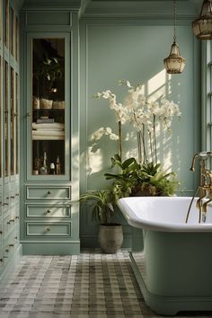 a bath room with a tub and a plant