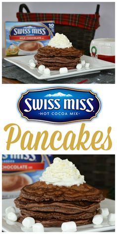 pancakes with marshmallows on top and the words swiss miss hot cocoa mix