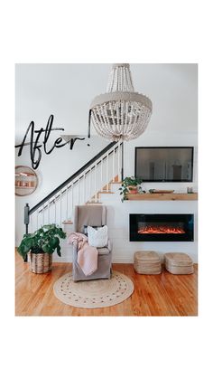 a living room filled with furniture and a fire place under a chandelier hanging from the ceiling