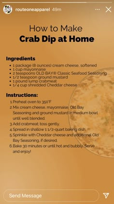 the recipe for crab dip at home is shown in this screenshote screen shot