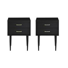 two black nightstands side by side with gold handles