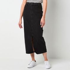 Whether you style it with a blouse and heels or keep it casual with a t-shirt and sneakers, this Liz Claiborne women's midi denim skirt in a black mineral wash is a cool and versatile wardrobe addition. It's made from a cotton-blend with recycled fabric and has a button-zip fly, a mid-rise, and classic 5-pocket styling. Front Style: Flat FrontClosure Type: Button & ZipperPockets: 1 Front Coin Pocket, 2 Front Slip Pockets, 2 Back Slip PocketsRise: Mid RiseApparel Length: 36 InchesFiber Content: 7 Casual Black Cotton Denim Skirt, Casual High Rise Workwear Skirt, Casual Dark Wash Skirt For Streetwear, Casual Cotton Denim Skirt For Work, High Rise Casual Denim Skirt For Workwear, Casual Dark Wash Denim Pencil Skirt, Casual Black High Rise Denim Skirt, Denim Skirt Black, Midi Denim Skirt