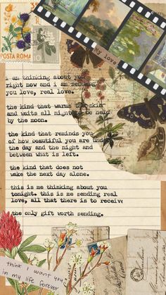 an old fashioned movie strip with flowers and butterflies on it, surrounded by postcard collages