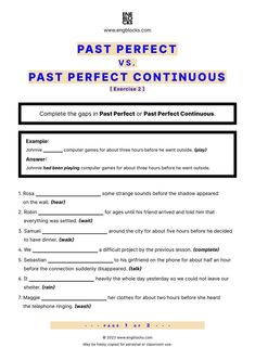 #english #englishgrammar #pastperfect #pastperfectcontinuous #pastperfectpastperfectcontinuous #esl #eslworksheet  #engblocks #eslwebsite Past Perfect Vs Past Perfect Continuous, Past Perfect Continuous Worksheets, Past Perfect Worksheets, Past Perfect Continuous Tense, Esl Adults, Simple Present Tense Worksheets, Tenses Exercises, Tenses English, English Grammar Exercises