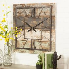 Rustic Wooden Frame Square Wall Clock - Adler's Store Distressed Wood Wall, Rustic Wall Clock, Farmhouse Wall Clock, Rustic Wall Clocks, Distressed Walls, Modern Rustic Decor, Wall Clock Wooden, Oversized Wall Clock, Kitchen Wall Clocks