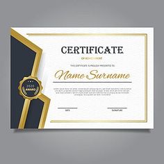 a certificate with a gold border and a black ribbon around it, on top of a gray background