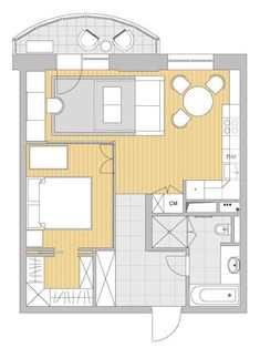 the floor plan for a small apartment with an open kitchen and living room, including a dining