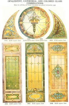 stained glass window designs from the early 1900's, including one with a cross on it