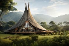 an artistic rendering of a wooden structure in the middle of a field with trees and mountains behind it