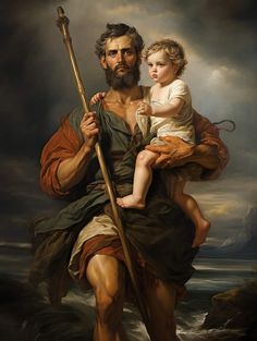 a painting of a man with a child on his shoulders and holding a stick in one hand