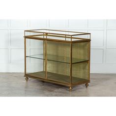 an antique brass and glass display case on casteors, with shelves in the middle