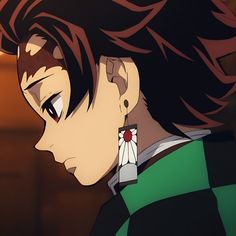 an anime character with red hair and earrings looking off to the side, in front of a dark background