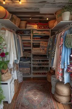 the closet is full of clothes, baskets and rugs for storage or hanging things