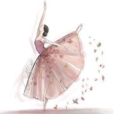 a drawing of a ballerina in a pink dress with leaves falling from her skirt