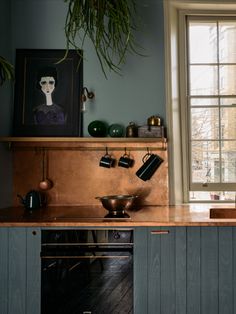 a kitchen with an oven, sink and potted plant in the window sill