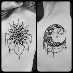 two different tattoos on the back of women's bodies, one with a sun and moon