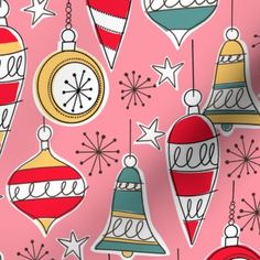 christmas ornaments on pink background with stars and snowflakes