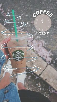 a person holding a starbucks drink in their hand with the words coffee break above it