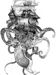 an octopus and ship are depicted in this black and white drawing