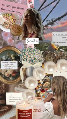 a collage of photos with candles, pictures and other things in the background that include an image of a woman