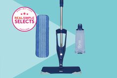 a blue vacuum and cleaning supplies on a blue background